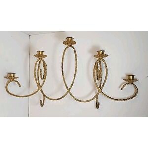 Vintage Twisted Braided Rope Candelabra MCM‎ Wall Mounted 5 Arm Gold Metal HomCo